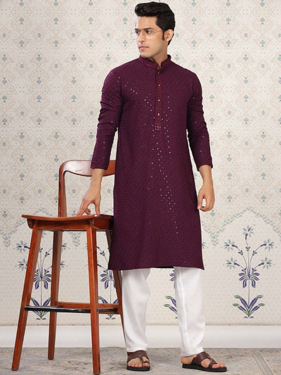 Embroidered Sequinned Detail Mandarin Collar Straight Kurta